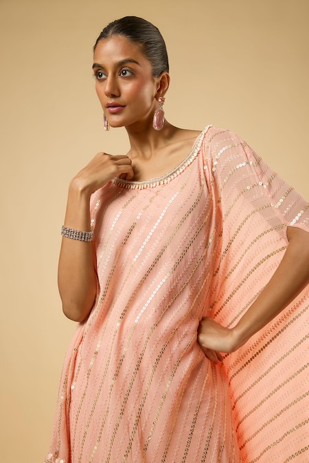 Shop_Dori & CO._Peach Georgette, Satin Sequins, Piping, Pearls Striped Kaftan And Dhoti Pant Set _Online_at_Aza_Fashions
