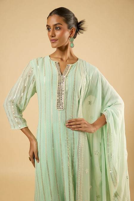 Dori & CO._Mint Georgette, Satin Sequins, Zari, Pearls, Embroidery, Kurta And Dhoti Pant Set _Online_at_Aza_Fashions