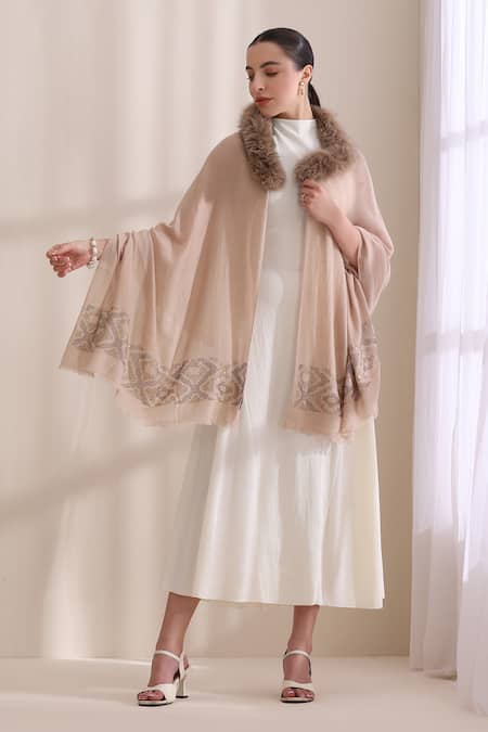 Dusala_Beige Amelia Collared Fur Stole _Online_at_Aza_Fashions