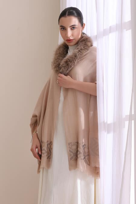 Shop_Dusala_Beige Amelia Collared Fur Stole _Online_at_Aza_Fashions