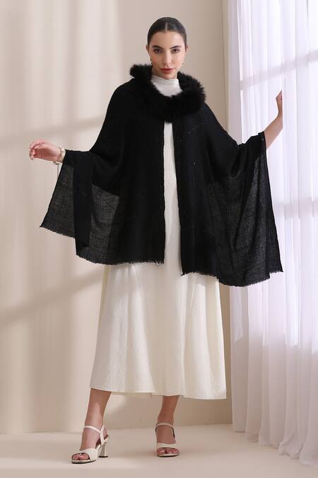 Buy_Dusala_Black Mia Collared Stone Work Stole _Online_at_Aza_Fashions