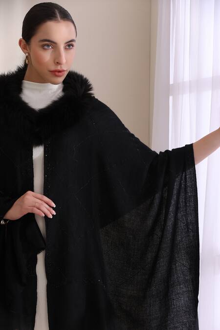 Shop_Dusala_Black Mia Collared Stone Work Stole _Online_at_Aza_Fashions