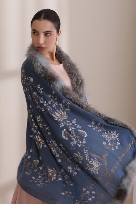 Dusala_Blue Aurora Lotus Pattern Stole _Online_at_Aza_Fashions