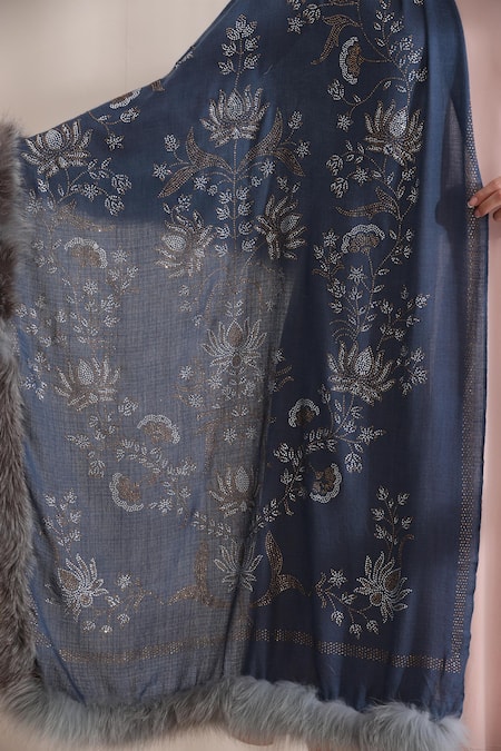Shop_Dusala_Blue Aurora Lotus Pattern Stole _Online_at_Aza_Fashions