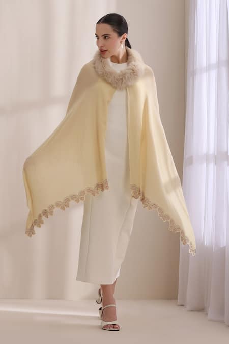 Dusala_Cream Nora Collared Fur Stole _Online_at_Aza_Fashions