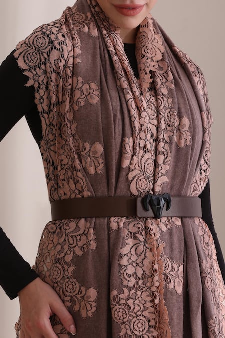 Dusala_Mauve Lily Floral Lace Embellished Stole _Online_at_Aza_Fashions