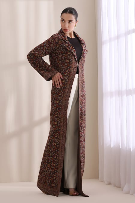 Dusala_Brown Cashmere, Wool Collared, V-neck Cora Kani Woven Long Jacket _Online_at_Aza_Fashions