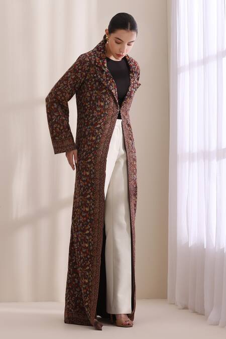Buy_Dusala_Brown Cashmere, Wool Collared, V-neck Cora Kani Woven Long Jacket _Online_at_Aza_Fashions