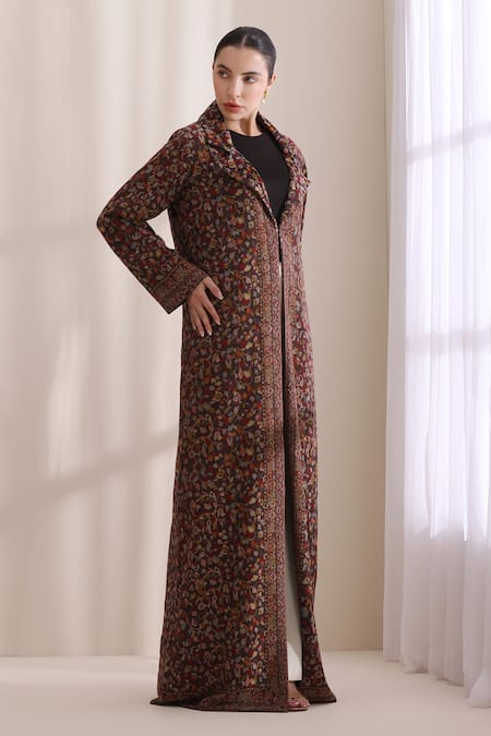 Shop_Dusala_Brown Cashmere, Wool Collared, V-neck Cora Kani Woven Long Jacket _Online_at_Aza_Fashions