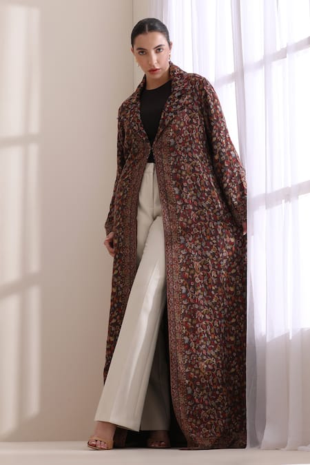 Dusala_Brown Cashmere, Wool Collared, V-neck Cora Kani Woven Long Jacket _at_Aza_Fashions