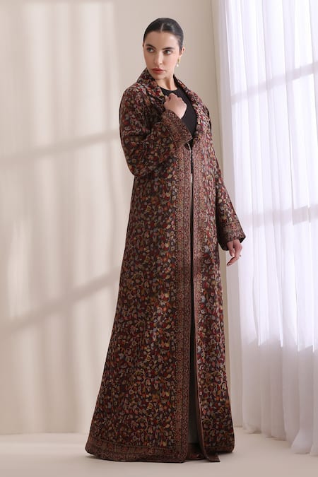 Buy_Dusala_Brown Cashmere, Wool Collared, V-neck Cora Kani Woven Long Jacket 