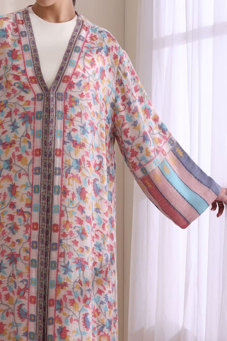 Dusala_Ivory Cashmere, Wool Embroidery V-neck Hailey Kani Woven Long Jacket _Online_at_Aza_Fashions