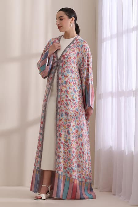 Buy_Dusala_Ivory Cashmere, Wool Embroidery V-neck Hailey Kani Woven Long Jacket _Online_at_Aza_Fashions