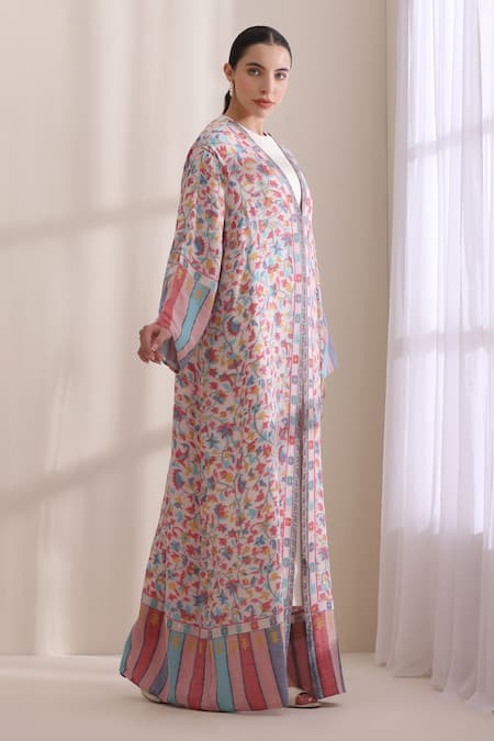 Shop_Dusala_Ivory Cashmere, Wool Embroidery V-neck Hailey Kani Woven Long Jacket _Online_at_Aza_Fashions