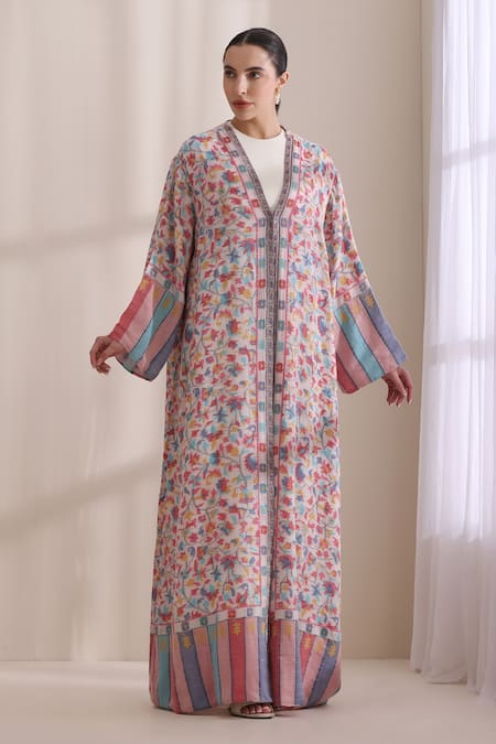 Dusala_Ivory Cashmere, Wool Embroidery V-neck Hailey Kani Woven Long Jacket _at_Aza_Fashions