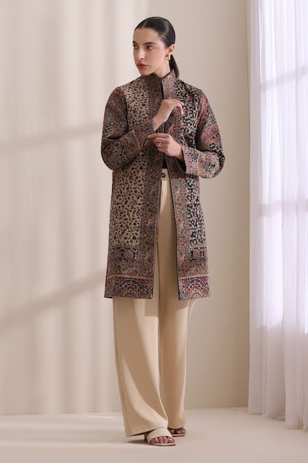 Buy_Dusala_Beige Cashmere, Wool Embroidery High Neck, Mandarin Anna Kani Vintage Jacket _Online_at_Aza_Fashions