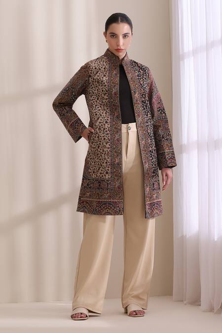 Shop_Dusala_Beige Cashmere, Wool Embroidery High Neck, Mandarin Anna Kani Vintage Jacket _Online_at_Aza_Fashions