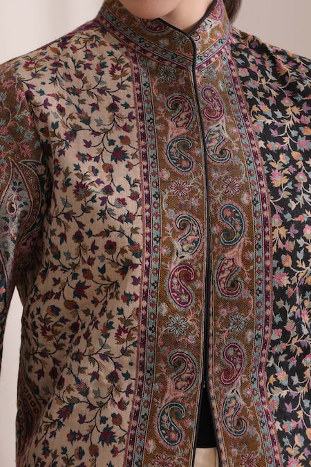 Buy_Dusala_Beige Cashmere, Wool Embroidery High Neck, Mandarin Anna Kani Vintage Jacket 