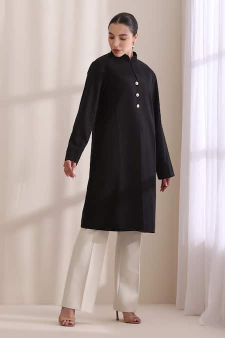 Dusala_Black Wool Mandarin Collar Madeline Plain Jacket _Online_at_Aza_Fashions