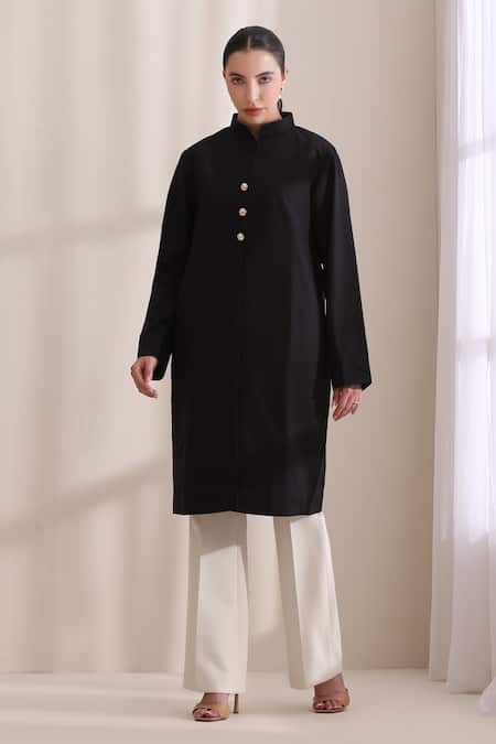 Buy_Dusala_Black Wool Mandarin Collar Madeline Plain Jacket _Online_at_Aza_Fashions