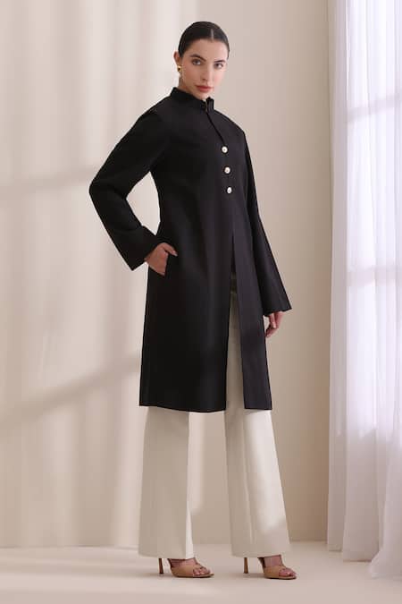 Shop_Dusala_Black Wool Mandarin Collar Madeline Plain Jacket _Online_at_Aza_Fashions