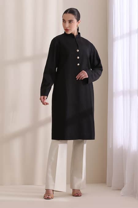 Dusala_Black Wool Mandarin Collar Madeline Plain Jacket _at_Aza_Fashions
