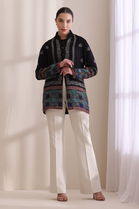 Dusala_Multi Color Cashmere, Wool Embroidery High Neck Quinn Short Jacket _Online_at_Aza_Fashions