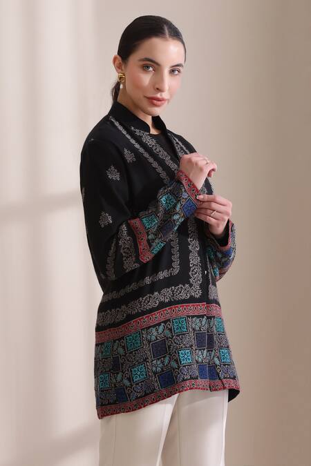 Buy_Dusala_Multi Color Cashmere, Wool Embroidery High Neck Quinn Short Jacket _Online_at_Aza_Fashions