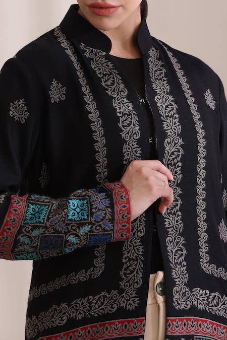 Dusala_Multi Color Cashmere, Wool Embroidery High Neck Quinn Short Jacket _at_Aza_Fashions