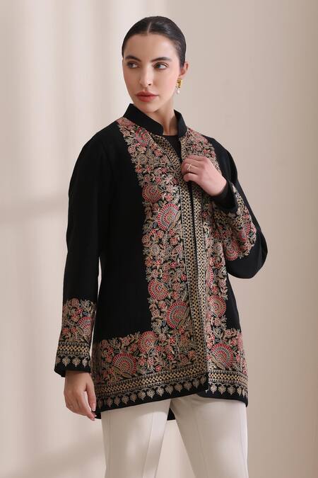Dusala_Black Cashmere, Wool Embroidery Mandarin Collar Sarah Jacket _Online_at_Aza_Fashions