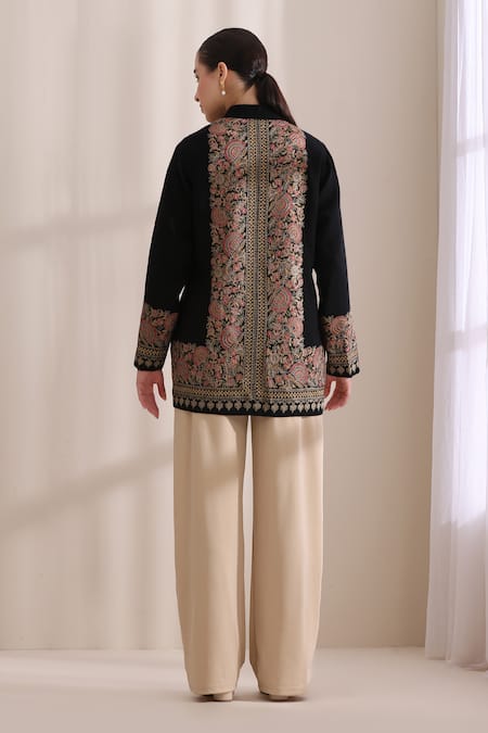 Buy_Dusala_Black Cashmere, Wool Embroidery Mandarin Collar Sarah Jacket _Online_at_Aza_Fashions