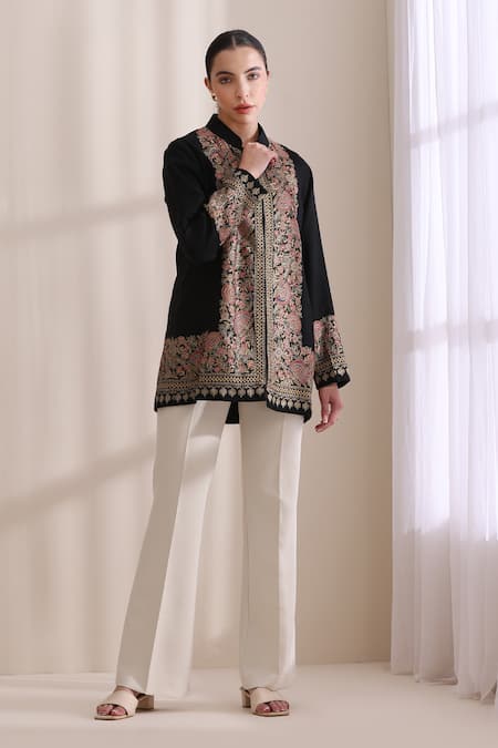 Shop_Dusala_Black Cashmere, Wool Embroidery Mandarin Collar Sarah Jacket _Online_at_Aza_Fashions