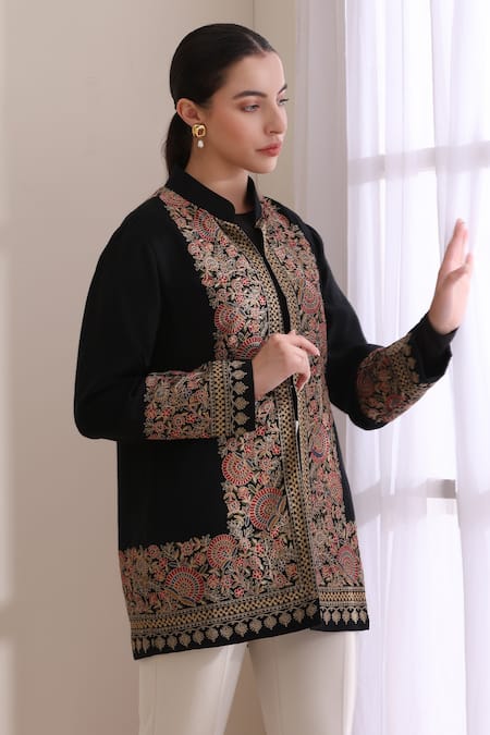 Dusala_Black Cashmere, Wool Embroidery Mandarin Collar Sarah Jacket _at_Aza_Fashions