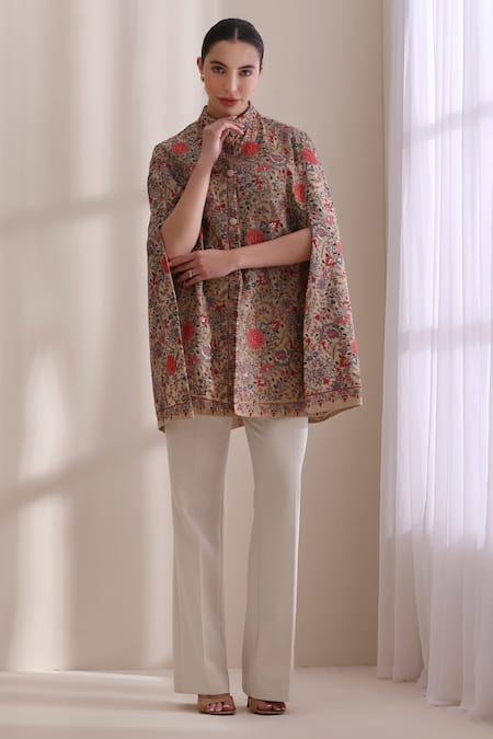 Dusala_Brown High Neck Gulab Embroidered Cape _Online_at_Aza_Fashions