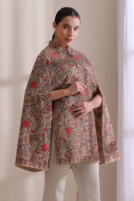 Shop_Dusala_Brown High Neck Gulab Embroidered Cape _Online_at_Aza_Fashions