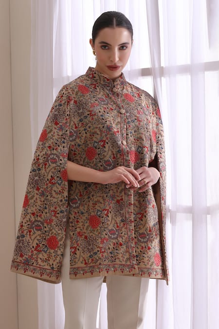 Buy_Dusala_Brown High Neck Gulab Embroidered Cape 