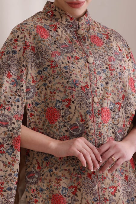 Shop_Dusala_Brown High Neck Gulab Embroidered Cape 