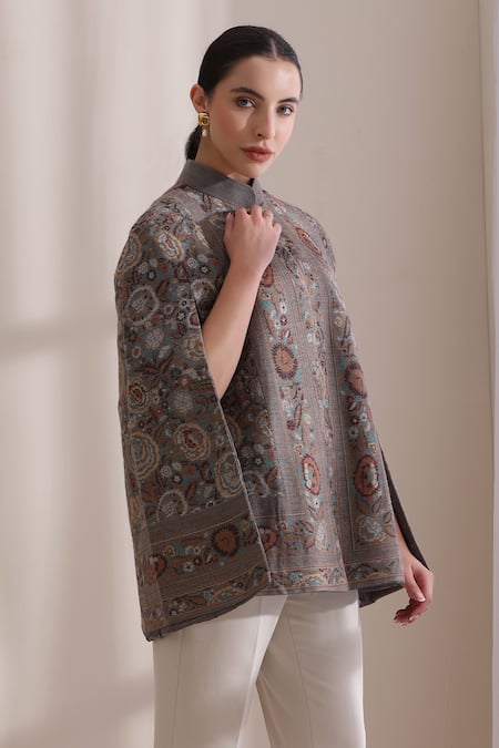 Dusala_Gray Mandarin Collar, High Neck Cera Woven Cape _Online_at_Aza_Fashions