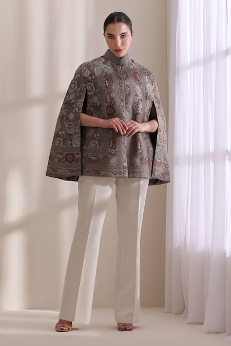 Shop_Dusala_Gray Mandarin Collar, High Neck Cera Woven Cape _Online_at_Aza_Fashions