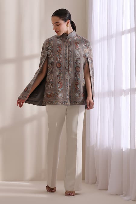 Dusala_Gray Mandarin Collar, High Neck Cera Woven Cape _at_Aza_Fashions