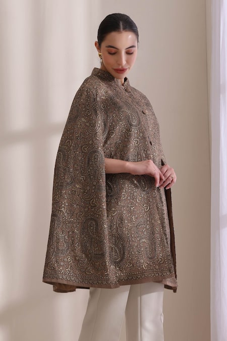 Dusala_Brown Mandarin Collar, High Neck Sanjh Embroidered Cape _Online_at_Aza_Fashions