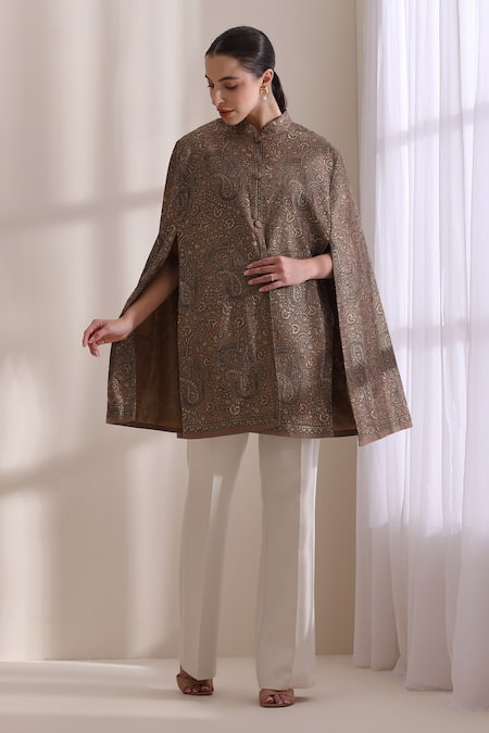 Shop_Dusala_Brown Mandarin Collar, High Neck Sanjh Embroidered Cape _Online_at_Aza_Fashions