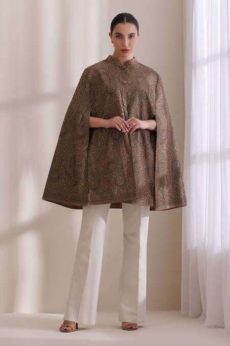 Dusala_Brown Mandarin Collar, High Neck Sanjh Embroidered Cape _at_Aza_Fashions