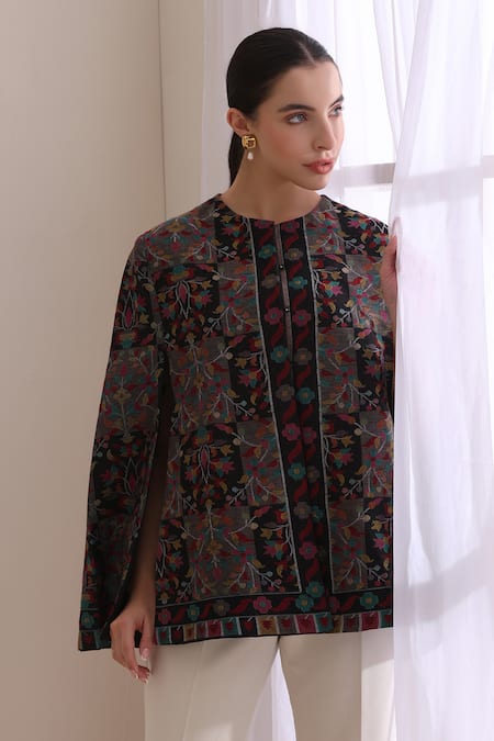 Shop_Dusala_Multi Color Round Neck Raatri Woven Kani Cape _Online_at_Aza_Fashions