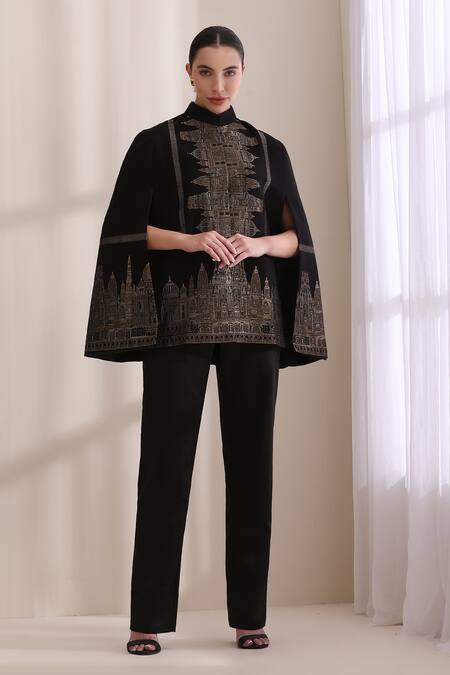 Dusala_Black High Neck, Mandarin Collar Taj Cashmere Fine Wool Silk Zari Cape _Online_at_Aza_Fashions