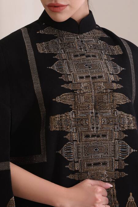 Buy_Dusala_Black High Neck, Mandarin Collar Taj Cashmere Fine Wool Silk Zari Cape _Online_at_Aza_Fashions