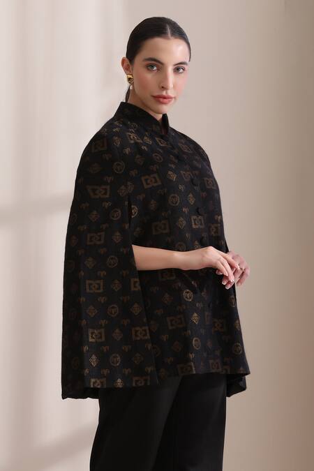 Dusala_Black High Neck, Mandarin Collar Dusala Cashmere Fine Wool Silk Zari Cape _Online_at_Aza_Fashions
