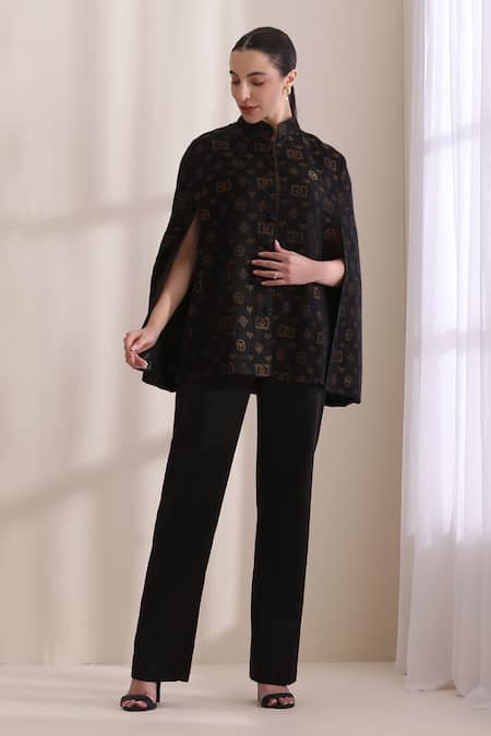 Buy_Dusala_Black High Neck, Mandarin Collar Dusala Cashmere Fine Wool Silk Zari Cape _Online_at_Aza_Fashions