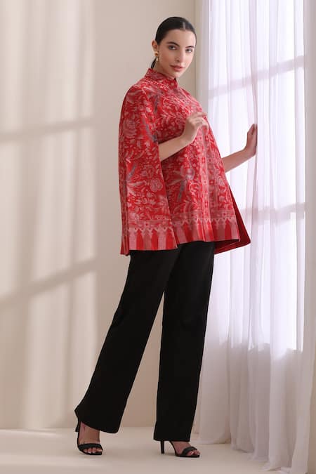 Dusala_Red Mandarin Collar Mithudi Woven Kani Cape _Online_at_Aza_Fashions