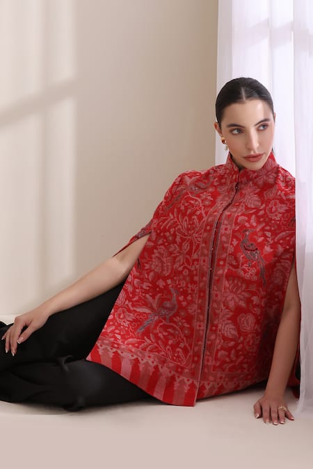 Shop_Dusala_Red Mandarin Collar Mithudi Woven Kani Cape _Online_at_Aza_Fashions